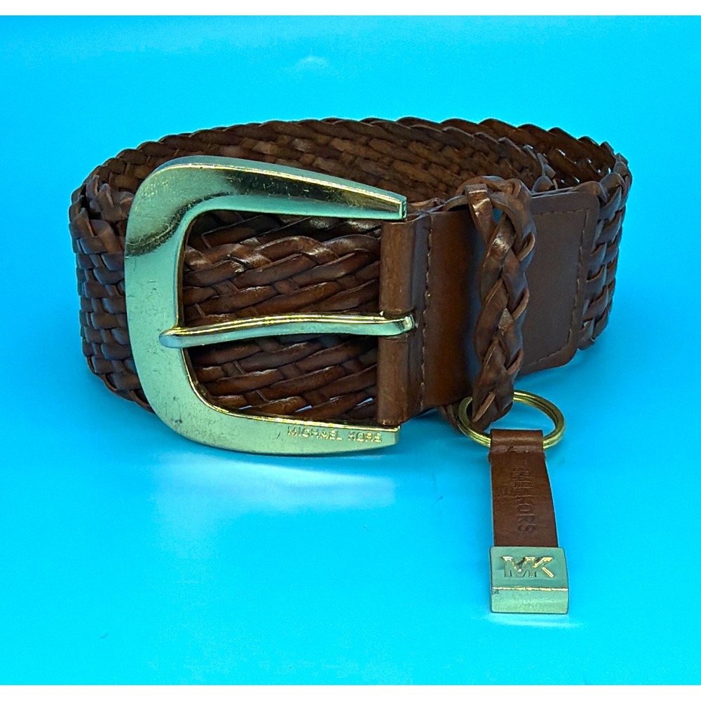 Michael Kors Women's Woven Leather Waist Belt Medium Luggage Brown MK Charm Boho